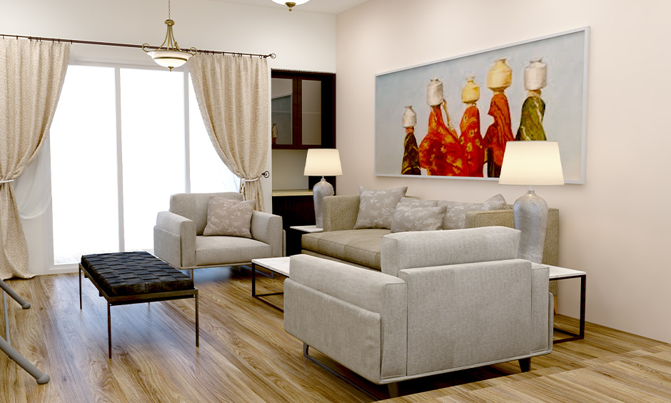 Small Almirah Design for Living Room with Sofa set and Wall Painting