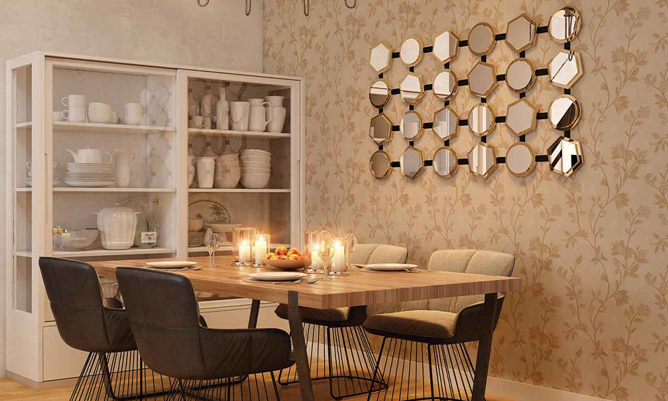 Side Almirah design for living room in front of dining table set
