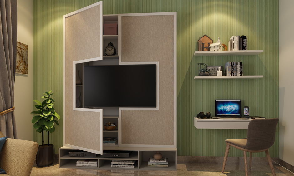 Hidden Almirah design with TV Showcase in Living Room