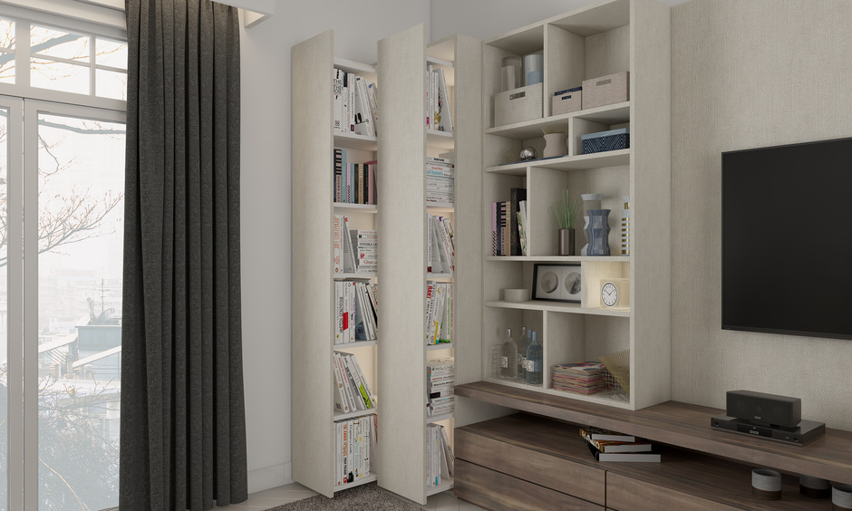 Modern Almirah Design with Hidden Features for bookshelves in living room.