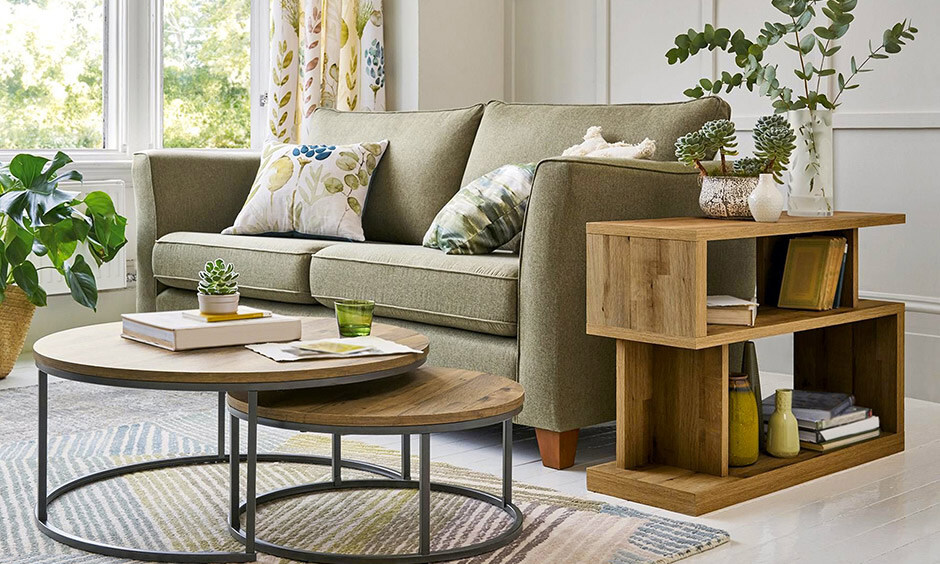 side table decor with green fabric sofa