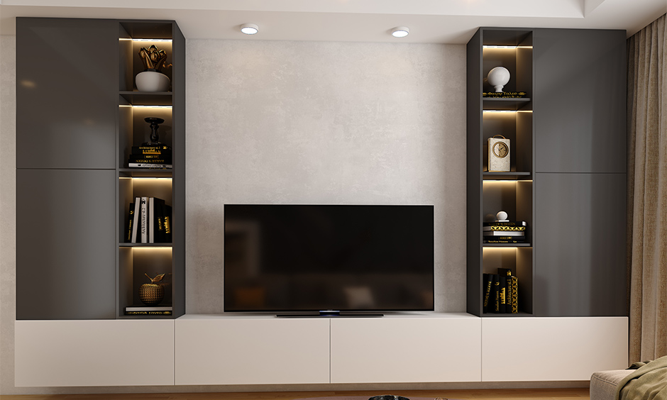 Wall-Mounted Almirah Designs in Living room with TV in Front.